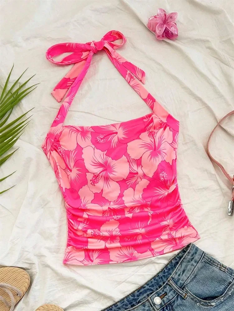 Sexy Floral Ruched Waist Crop Top for Women Summer Graphic Printed Backless Halter Neck Tank Top Streetwear Y2K Clothes
