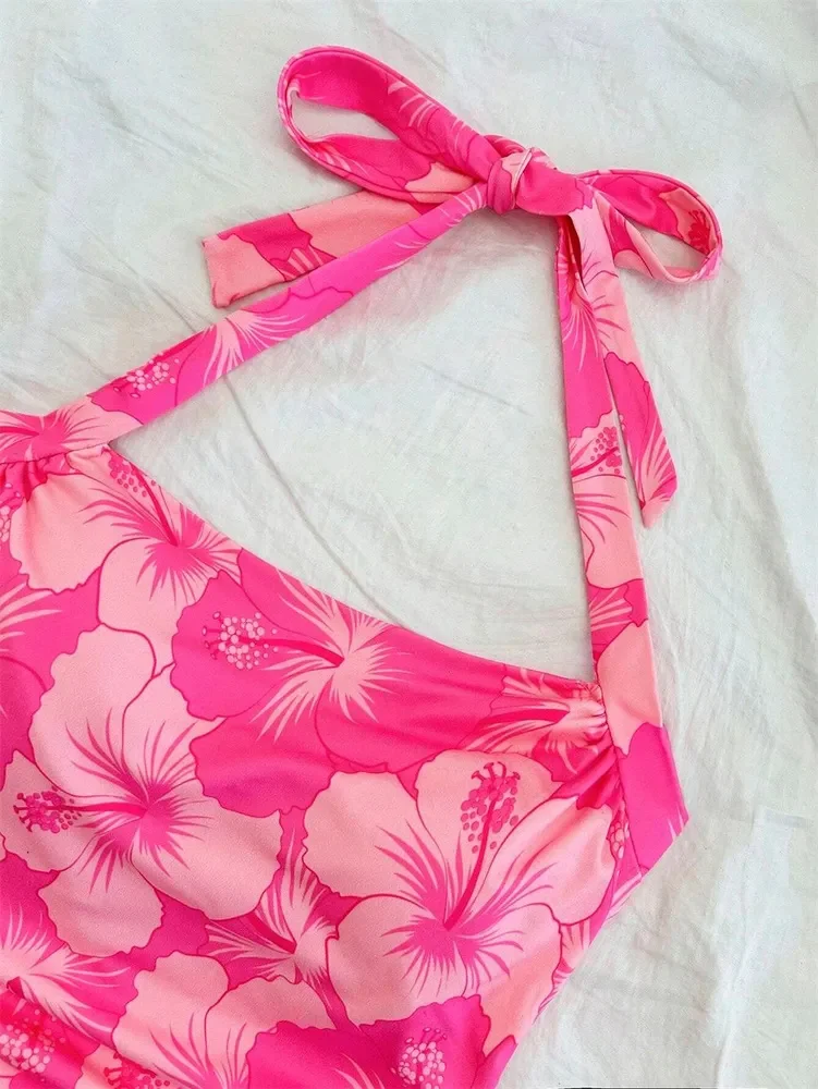 Sexy Floral Ruched Waist Crop Top for Women Summer Graphic Printed Backless Halter Neck Tank Top Streetwear Y2K Clothes