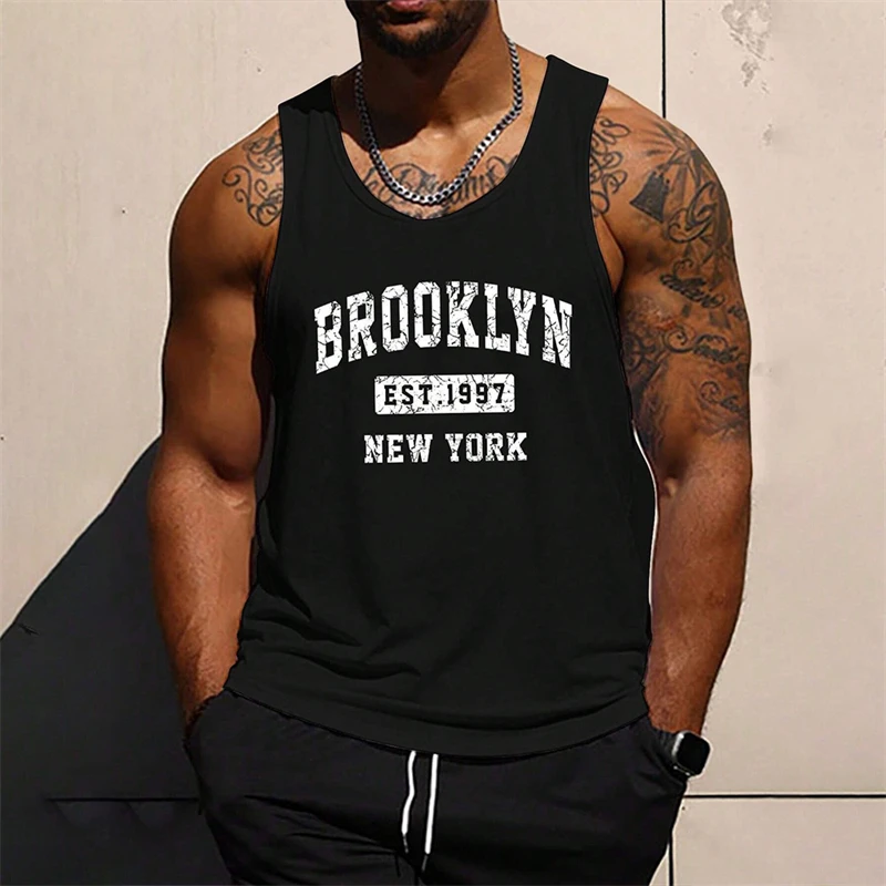 Simple Fashion Brooklyn Letters Tank Tops For Men Trend Summer Sleeveless 3D Printed Vest Loose Streetwear Breathable Gym Tops