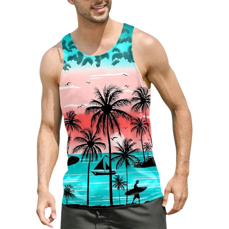 Tropical Palm Tree 3D Print Tank Top Men Women Tank Top Beach Coconut Tree Pattern Vest Casual Hawaii Vintage Sleeveless T-shirt