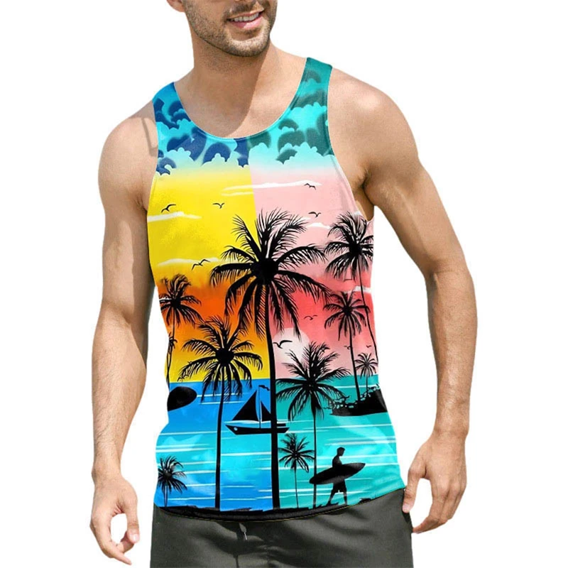 Tropical Palm Tree 3D Print Tank Top Men Women Tank Top Beach Coconut Tree Pattern Vest Casual Hawaii Vintage Sleeveless T-shirt