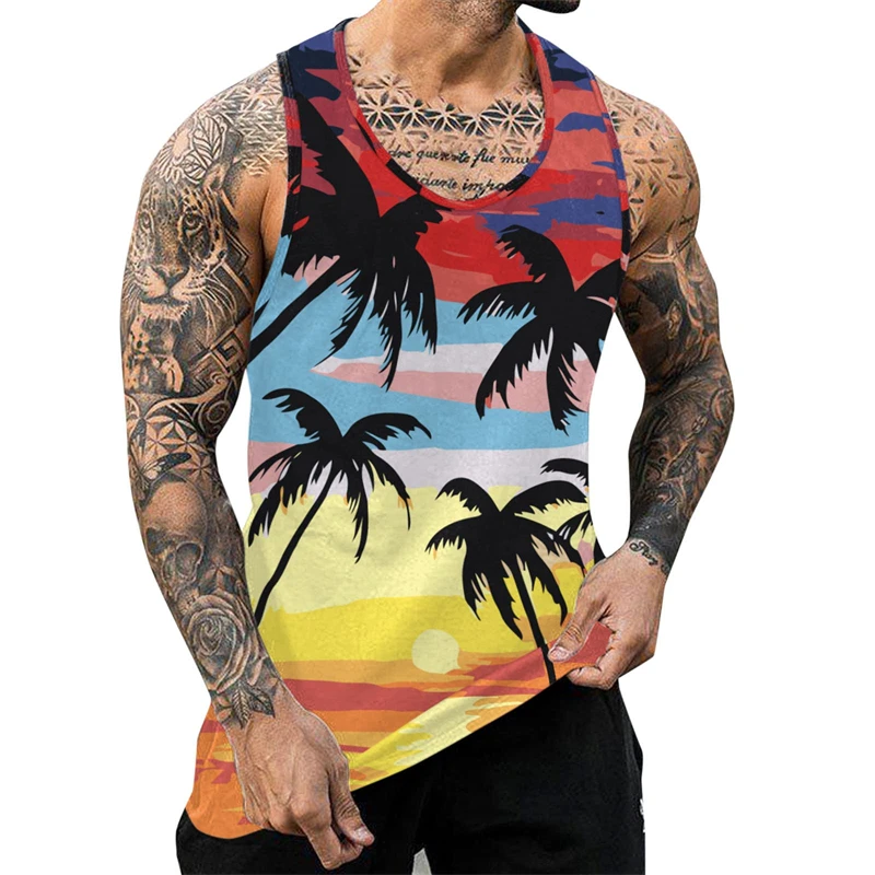 Tropical Palm Tree 3D Print Tank Top Men Women Tank Top Beach Coconut Tree Pattern Vest Casual Hawaii Vintage Sleeveless T-shirt