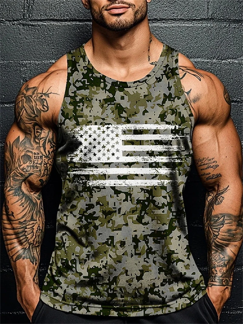 3D Full Print Camouflage Fitness Tank Top For Men Fashion New USA Flag Pattern Sleeveless T-shirt Summer Oversized Men Gym Vest
