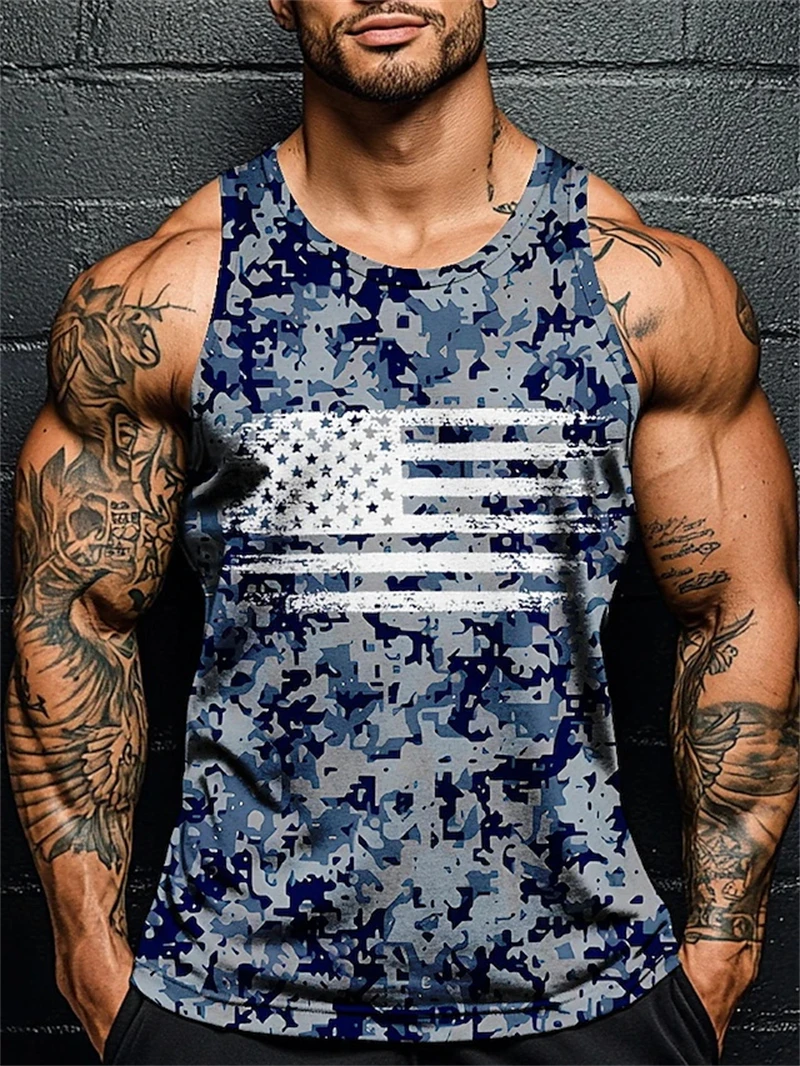 3D Full Print Camouflage Fitness Tank Top For Men Fashion New USA Flag Pattern Sleeveless T-shirt Summer Oversized Men Gym Vest