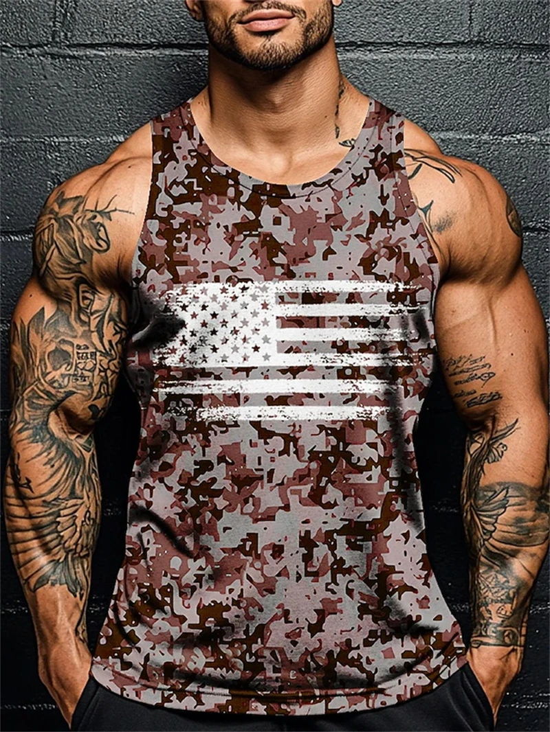 3D Full Print Camouflage Fitness Tank Top For Men Fashion New USA Flag Pattern Sleeveless T-shirt Summer Oversized Men Gym Vest