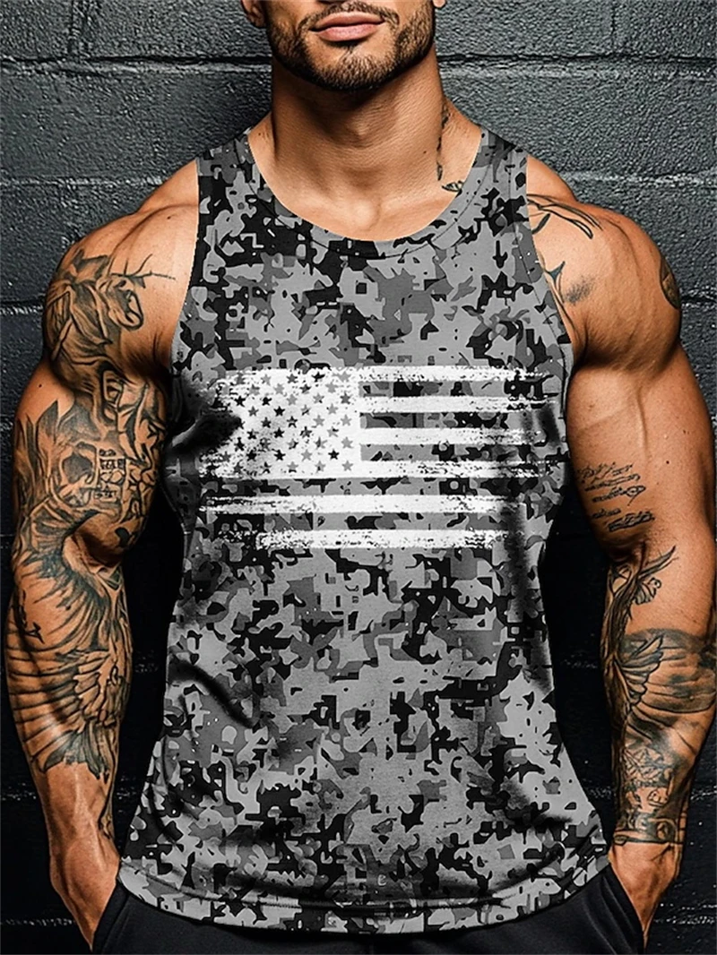 3D Full Print Camouflage Fitness Tank Top For Men Fashion New USA Flag Pattern Sleeveless T-shirt Summer Oversized Men Gym Vest
