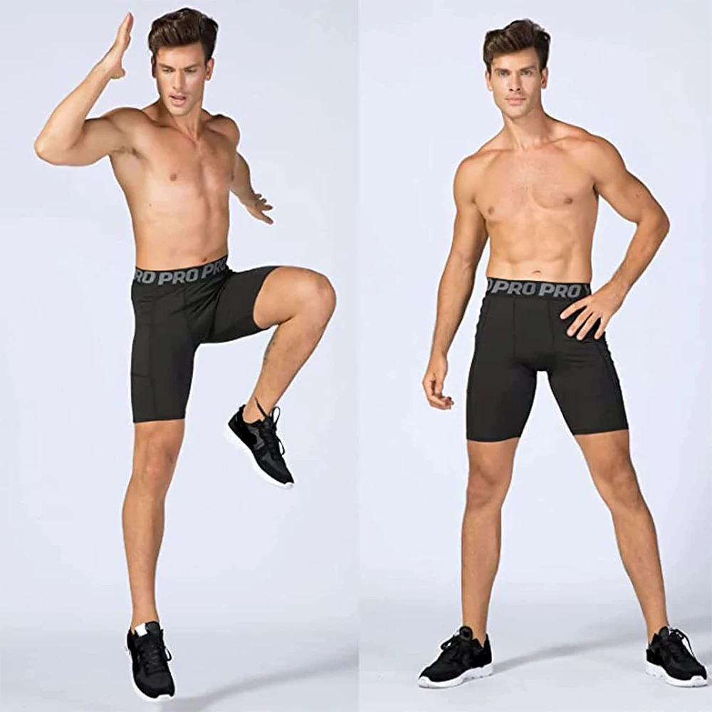 Men's Sports Compression Shorts with Pockets Gym Workout Polyester Boxer Briefs Running Basketball Bike Athletic Short