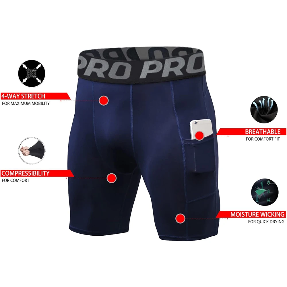 Men's Sports Compression Shorts with Pockets Gym Workout Polyester Boxer Briefs Running Basketball Bike Athletic Short