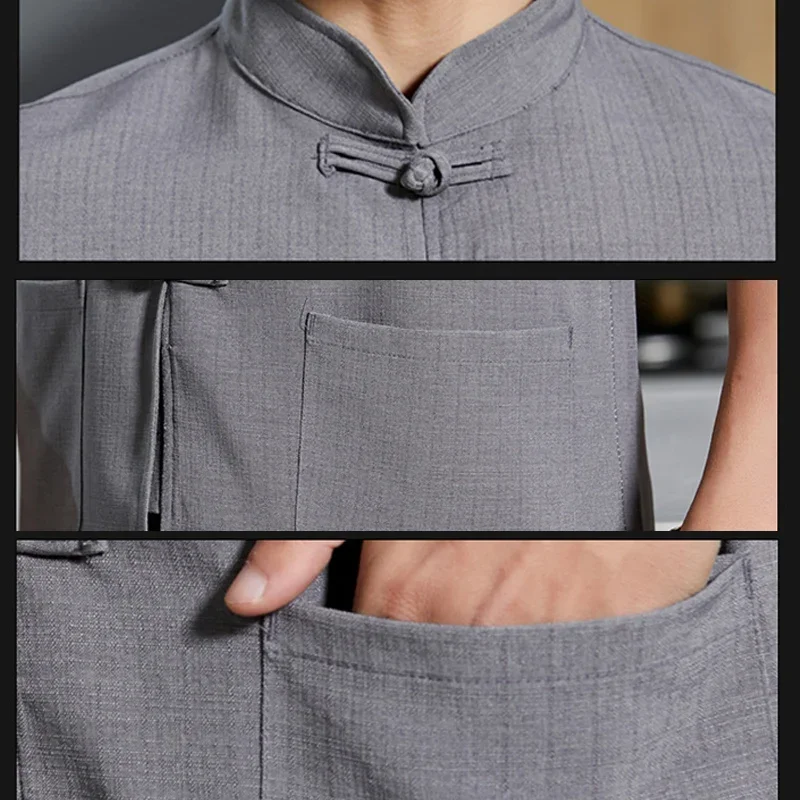 Breathable Unisex Chef Jacket Cotton Linen Restaurant Work Uniform Cooker Tee Tops Kitchen Baker Jacket Cook Waiter Work Wear
