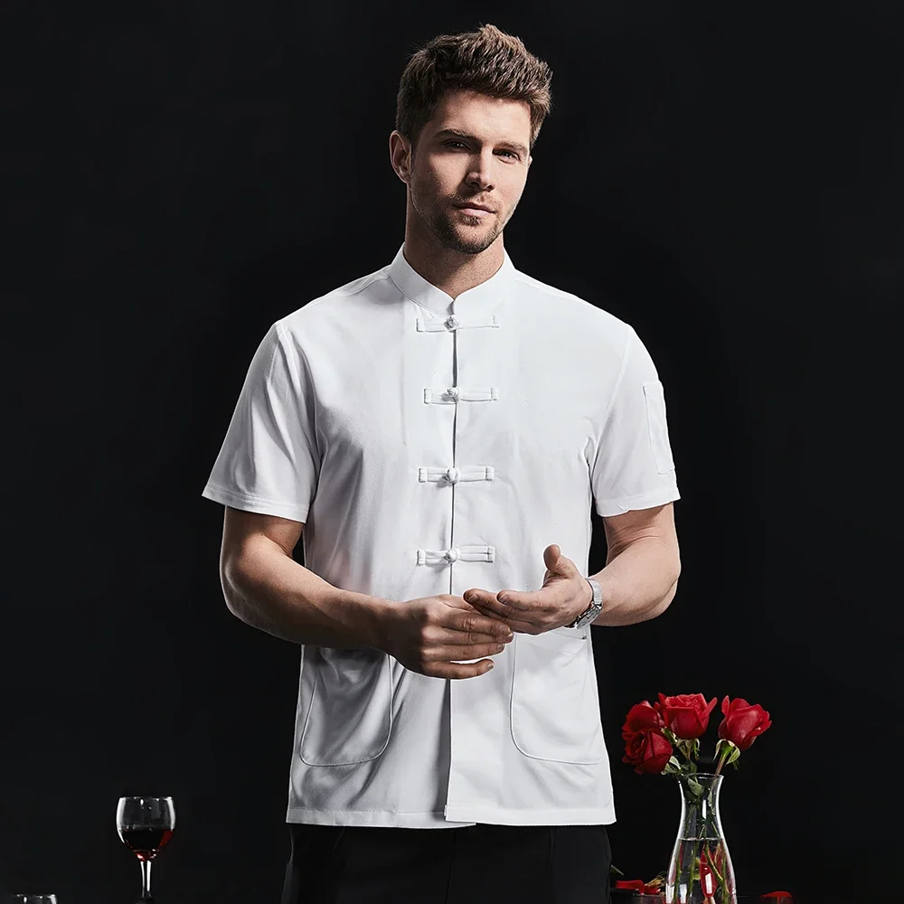 Breathable Unisex Chef Jacket Cotton Linen Restaurant Work Uniform Cooker Tee Tops Kitchen Baker Jacket Cook Waiter Work Wear