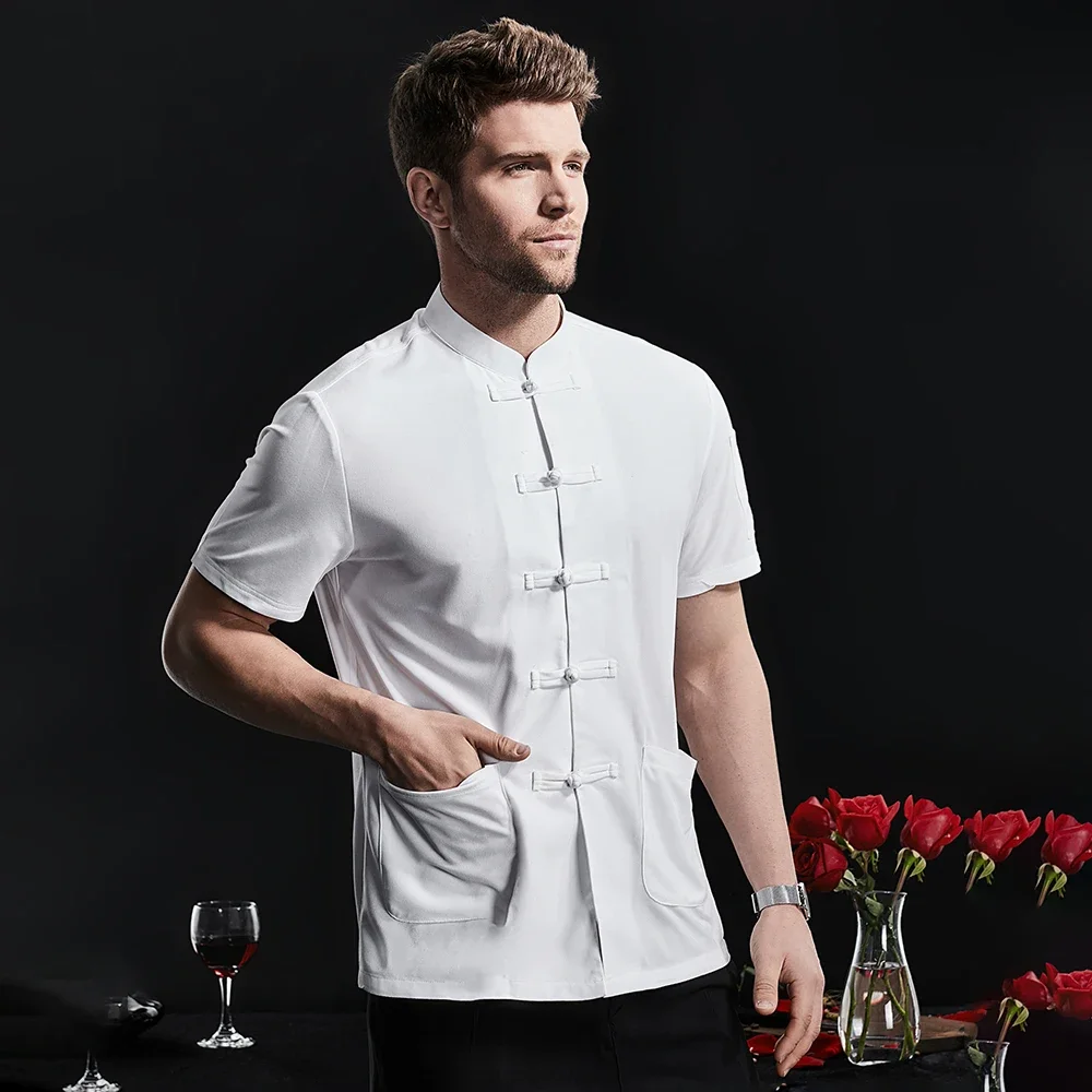 Breathable Unisex Chef Jacket Cotton Linen Restaurant Work Uniform Cooker Tee Tops Kitchen Baker Jacket Cook Waiter Work Wear