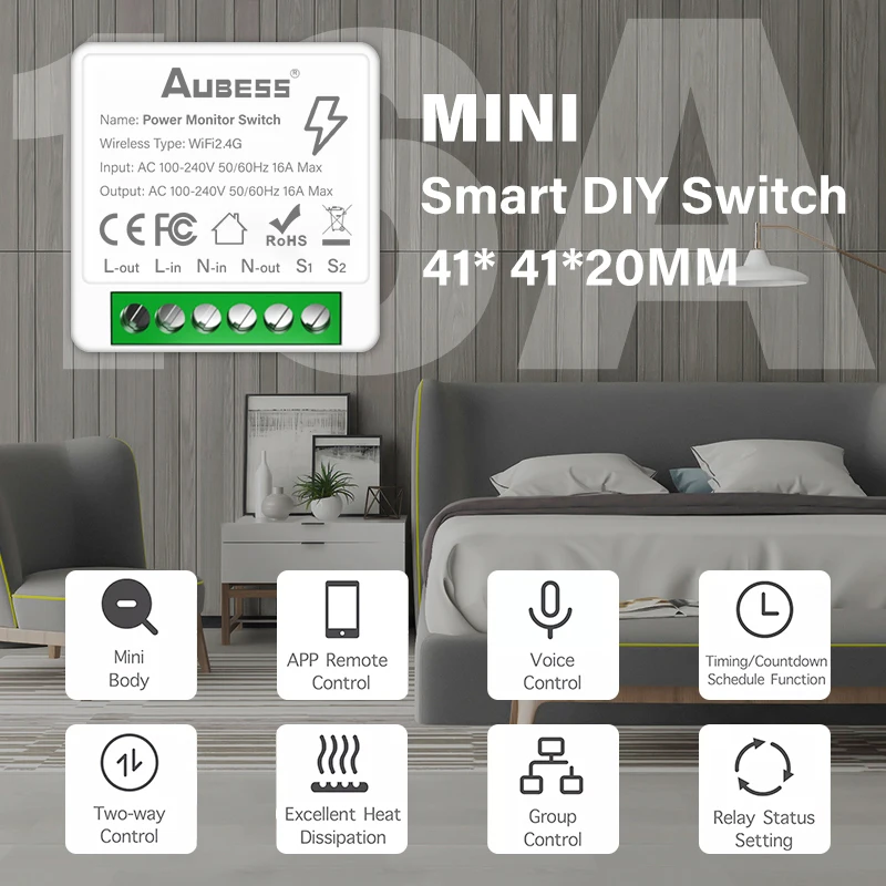 Tuya Smart WiFi Switch With Energy Monitor 16A 2-way Control Switch Mini Breaker Smart Life Control For Alexa Google Home Alice