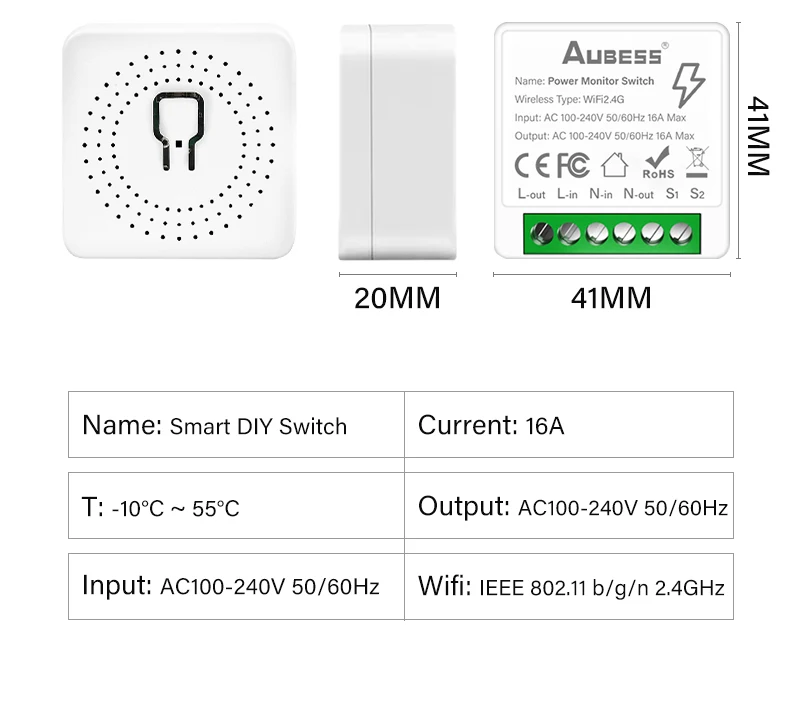 Tuya Smart WiFi Switch With Energy Monitor 16A 2-way Control Switch Mini Breaker Smart Life Control For Alexa Google Home Alice