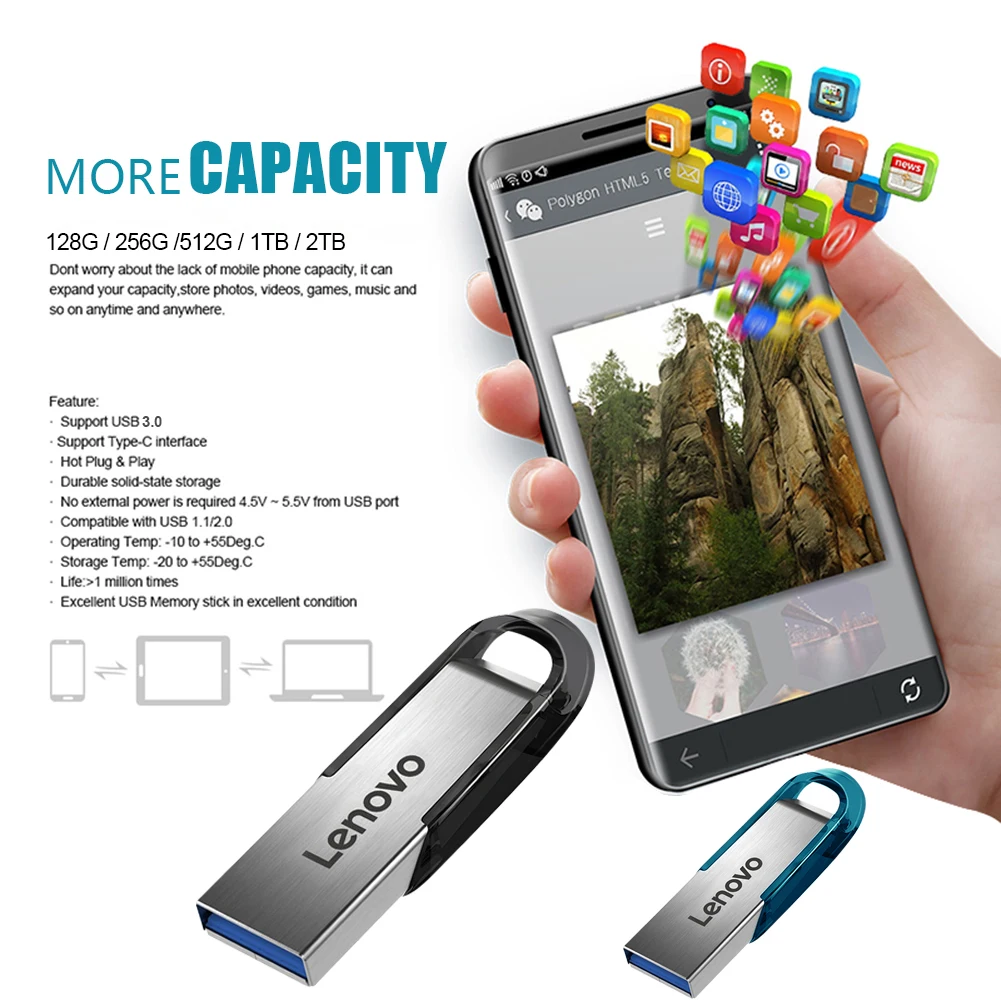 Lenovo Flash Drives 2TB Usb 3.0 Mini High Speed Metal Pendrive 1TB 512GB Stick Portable Drive Waterproof Memoria Storage U Disk