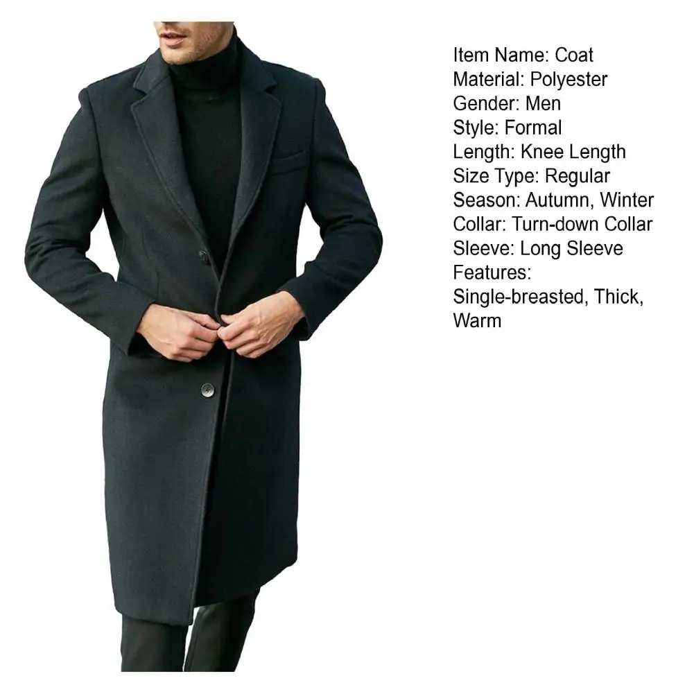 Autumn Winter Men Coat Solid Color Turn-down Collar Single-breasted Split Windbreaker Thick Straight Knee Length Male Coat