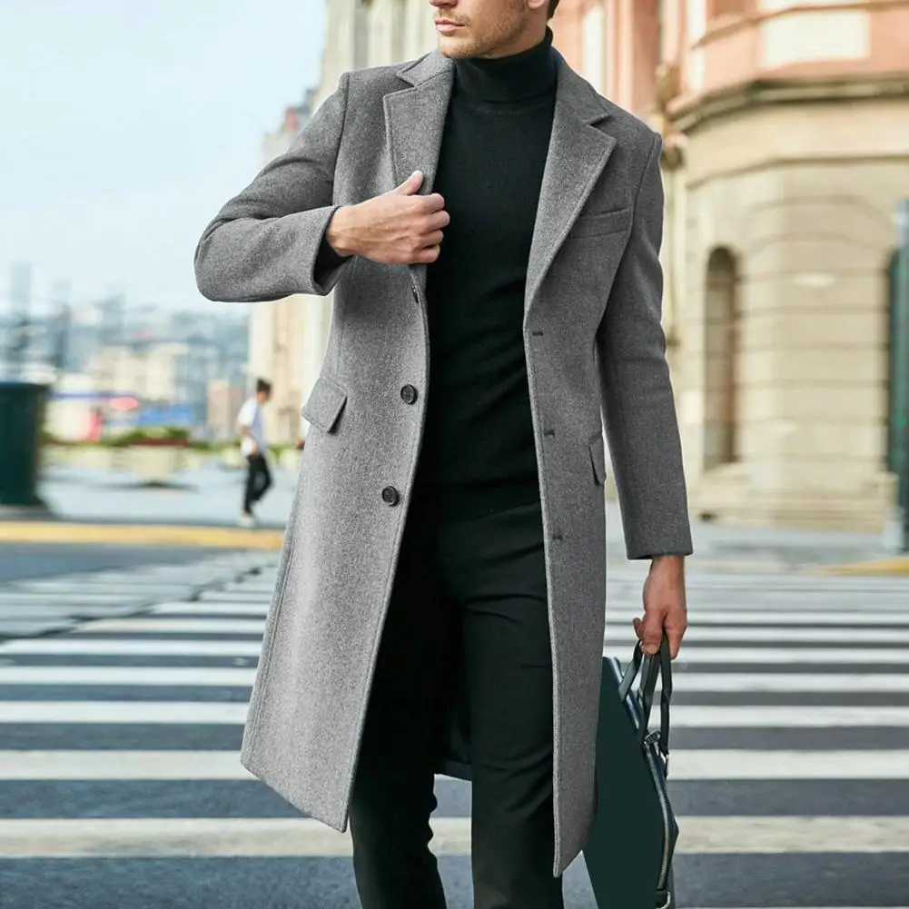 Autumn Winter Men Coat Solid Color Turn-down Collar Single-breasted Split Windbreaker Thick Straight Knee Length Male Coat