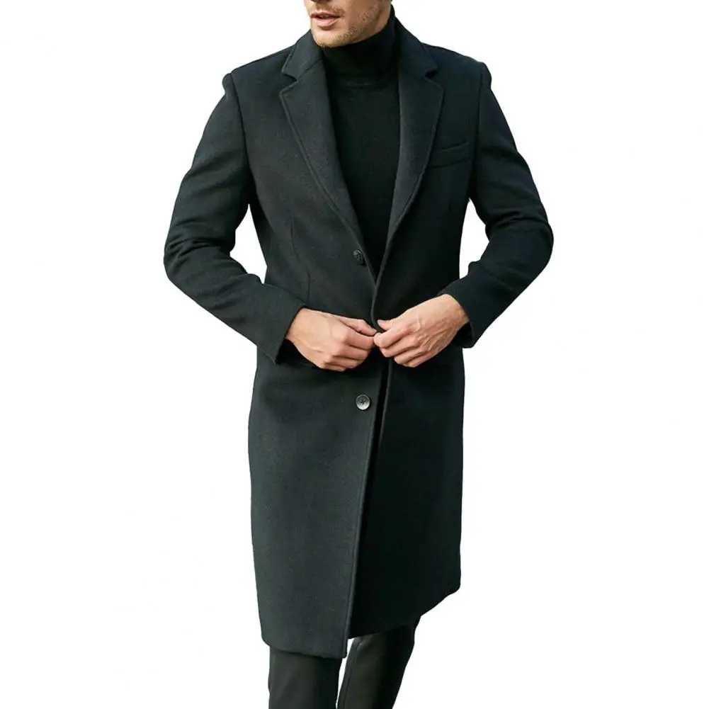 Autumn Winter Men Coat Solid Color Turn-down Collar Single-breasted Split Windbreaker Thick Straight Knee Length Male Coat