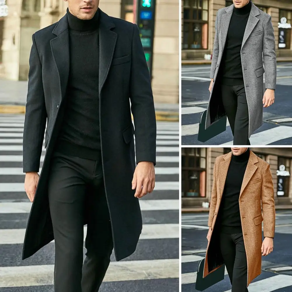 Autumn Winter Men Coat Solid Color Turn-down Collar Single-breasted Split Windbreaker Thick Straight Knee Length Male Coat