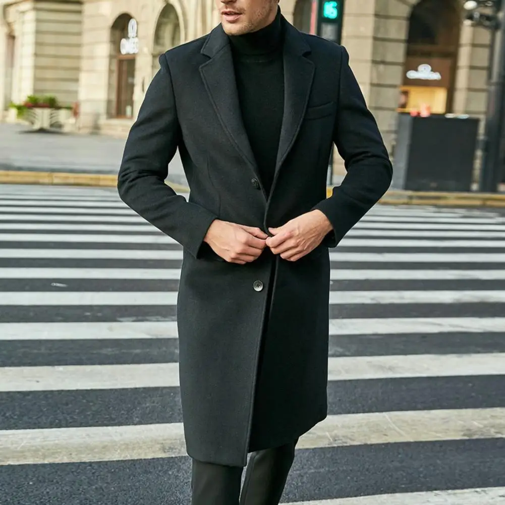 Autumn Winter Men Coat Solid Color Turn-down Collar Single-breasted Split Windbreaker Thick Straight Knee Length Male Coat