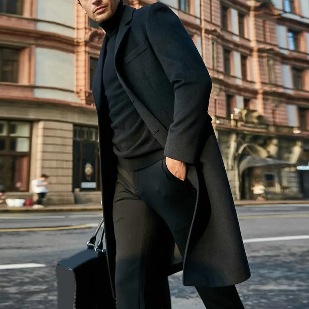 Autumn Winter Men Coat Solid Color Turn-down Collar Single-breasted Split Windbreaker Thick Straight Knee Length Male Coat