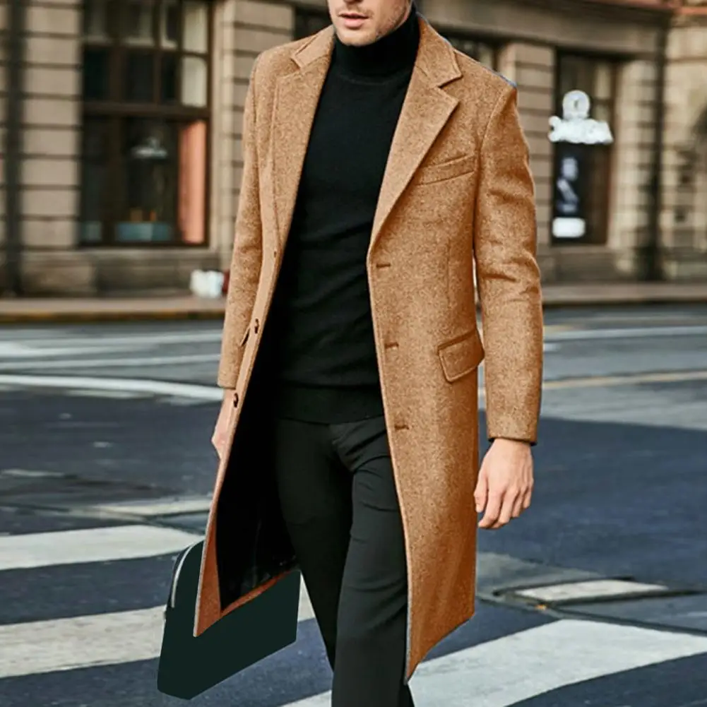Autumn Winter Men Coat Solid Color Turn-down Collar Single-breasted Split Windbreaker Thick Straight Knee Length Male Coat