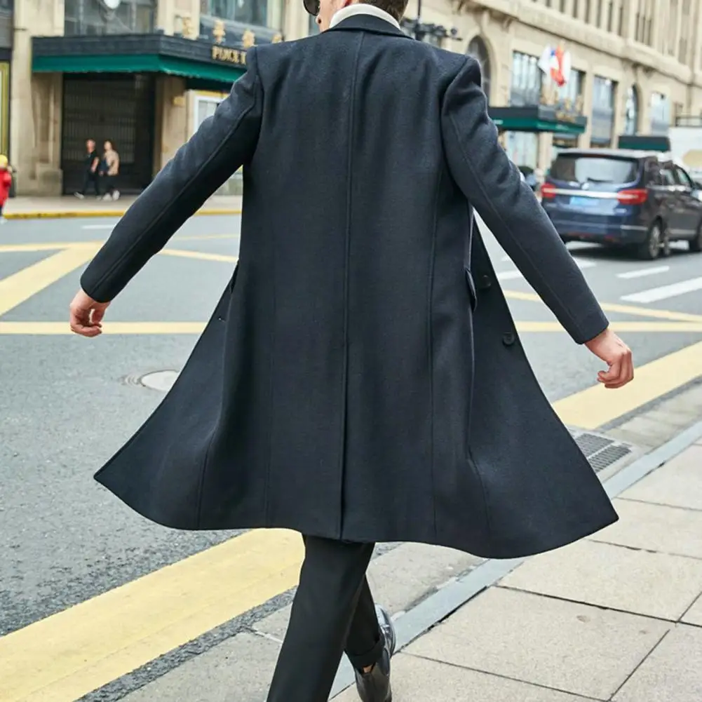 Autumn Winter Men Coat Solid Color Turn-down Collar Single-breasted Split Windbreaker Thick Straight Knee Length Male Coat