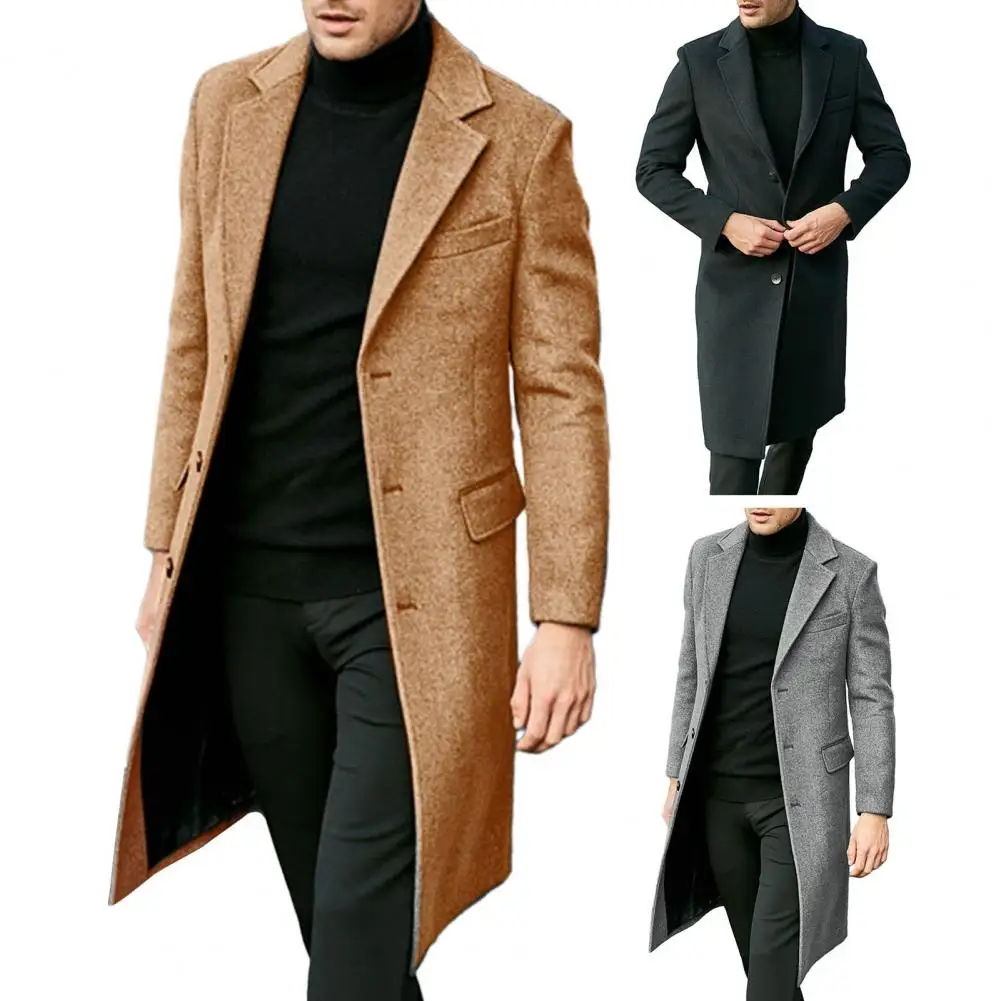 Autumn Winter Men Coat Solid Color Turn-down Collar Single-breasted Split Windbreaker Thick Straight Knee Length Male Coat