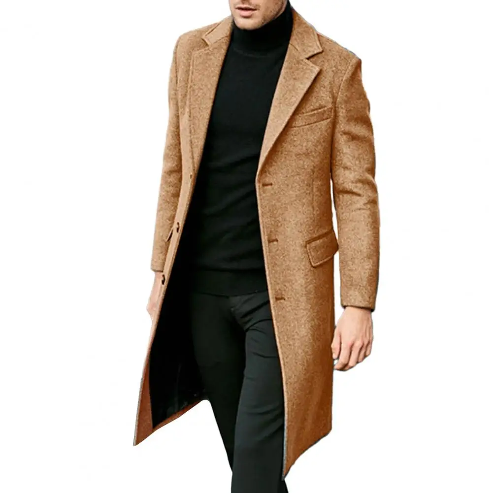 Autumn Winter Men Coat Solid Color Turn-down Collar Single-breasted Split Windbreaker Thick Straight Knee Length Male Coat