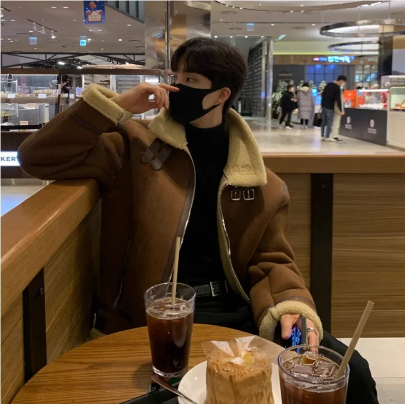 Korean Leather Coat Men's Warm Fashion Casual Thicken Lamb Wool Jacket Men Loose Thick Lamb Wool Cotton Coats Men's Clothe M-2XL