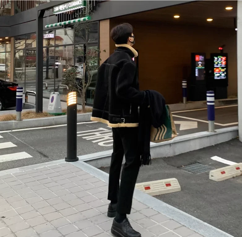 Korean Leather Coat Men's Warm Fashion Casual Thicken Lamb Wool Jacket Men Loose Thick Lamb Wool Cotton Coats Men's Clothe M-2XL