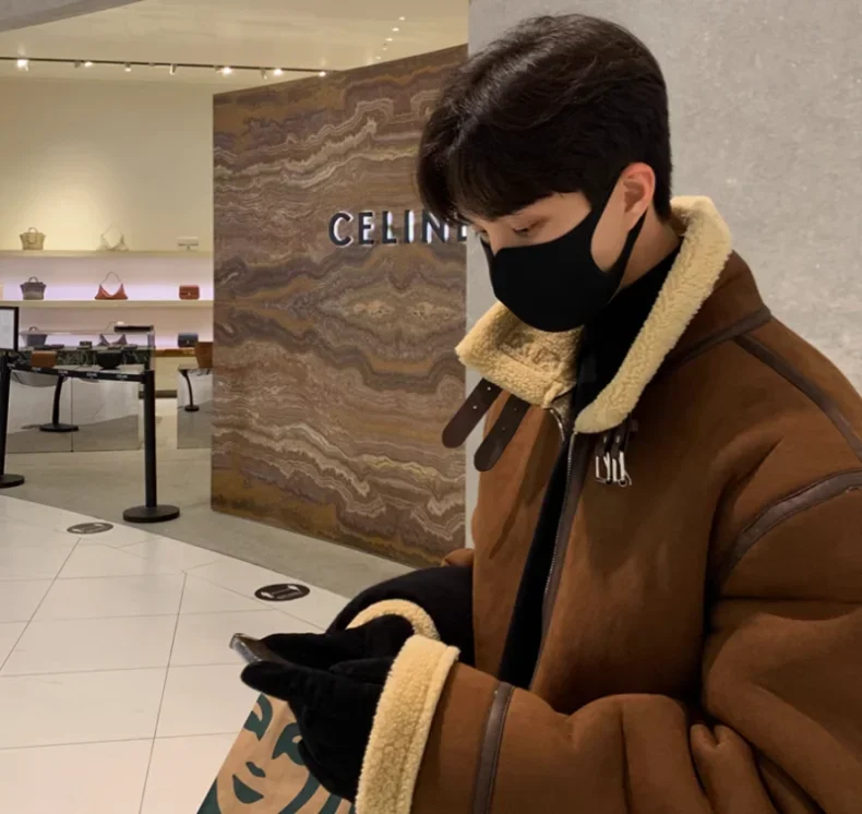 Korean Leather Coat Men's Warm Fashion Casual Thicken Lamb Wool Jacket Men Loose Thick Lamb Wool Cotton Coats Men's Clothe M-2XL