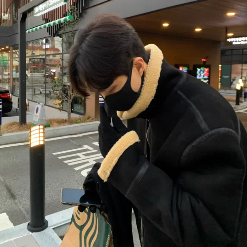 Korean Leather Coat Men's Warm Fashion Casual Thicken Lamb Wool Jacket Men Loose Thick Lamb Wool Cotton Coats Men's Clothe M-2XL