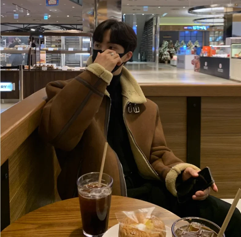 Korean Leather Coat Men's Warm Fashion Casual Thicken Lamb Wool Jacket Men Loose Thick Lamb Wool Cotton Coats Men's Clothe M-2XL