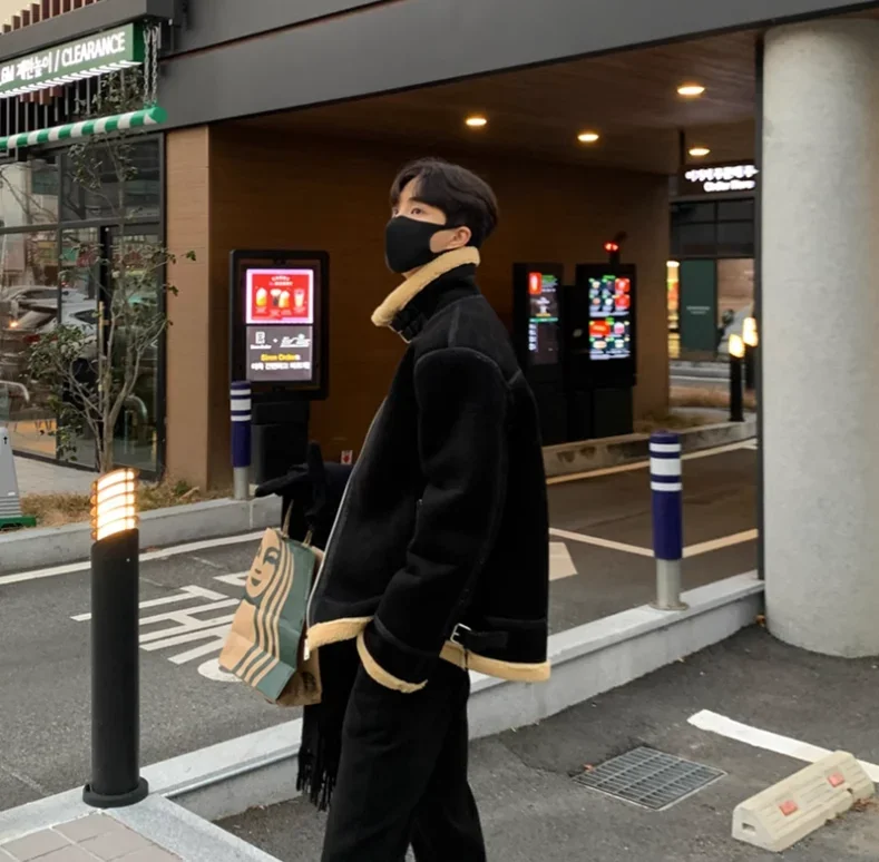 Korean Leather Coat Men's Warm Fashion Casual Thicken Lamb Wool Jacket Men Loose Thick Lamb Wool Cotton Coats Men's Clothe M-2XL