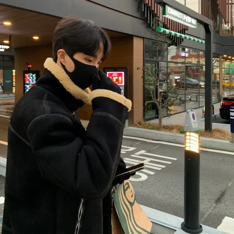 Korean Leather Coat Men's Warm Fashion Casual Thicken Lamb Wool Jacket Men Loose Thick Lamb Wool Cotton Coats Men's Clothe M-2XL