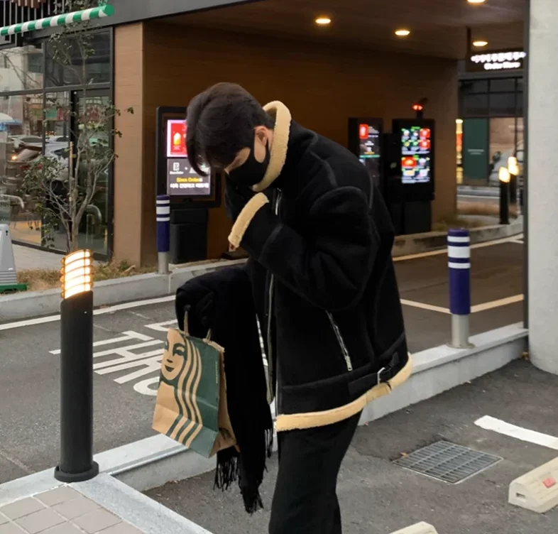 Korean Leather Coat Men's Warm Fashion Casual Thicken Lamb Wool Jacket Men Loose Thick Lamb Wool Cotton Coats Men's Clothe M-2XL