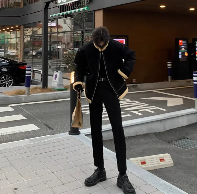 Korean Leather Coat Men's Warm Fashion Casual Thicken Lamb Wool Jacket Men Loose Thick Lamb Wool Cotton Coats Men's Clothe M-2XL