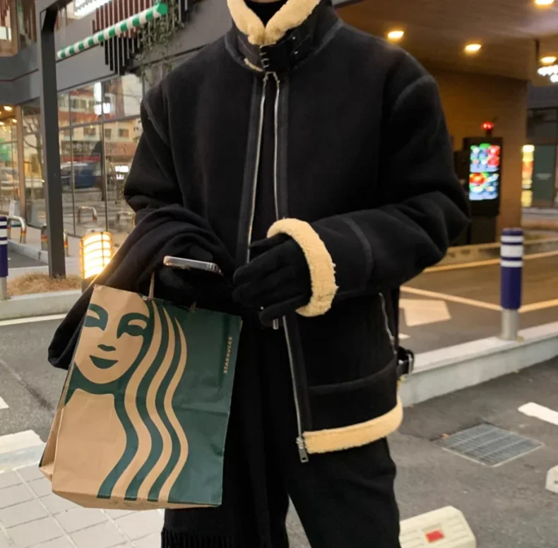 Korean Leather Coat Men's Warm Fashion Casual Thicken Lamb Wool Jacket Men Loose Thick Lamb Wool Cotton Coats Men's Clothe M-2XL