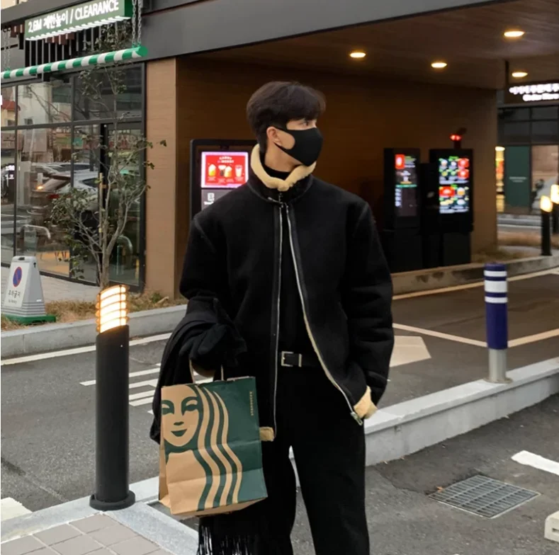 Korean Leather Coat Men's Warm Fashion Casual Thicken Lamb Wool Jacket Men Loose Thick Lamb Wool Cotton Coats Men's Clothe M-2XL