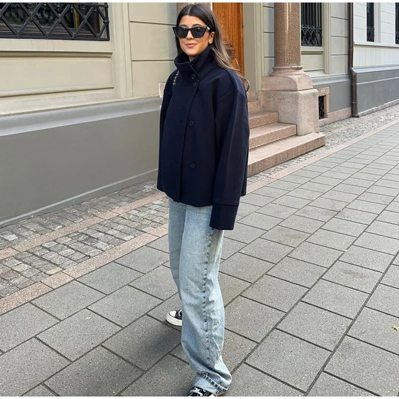 Women Fashion Stand Collar Woolen Jacket Single Breasted Long Sleeve Female Coat 2025 Autumn Chic Street Office Short Outerwears