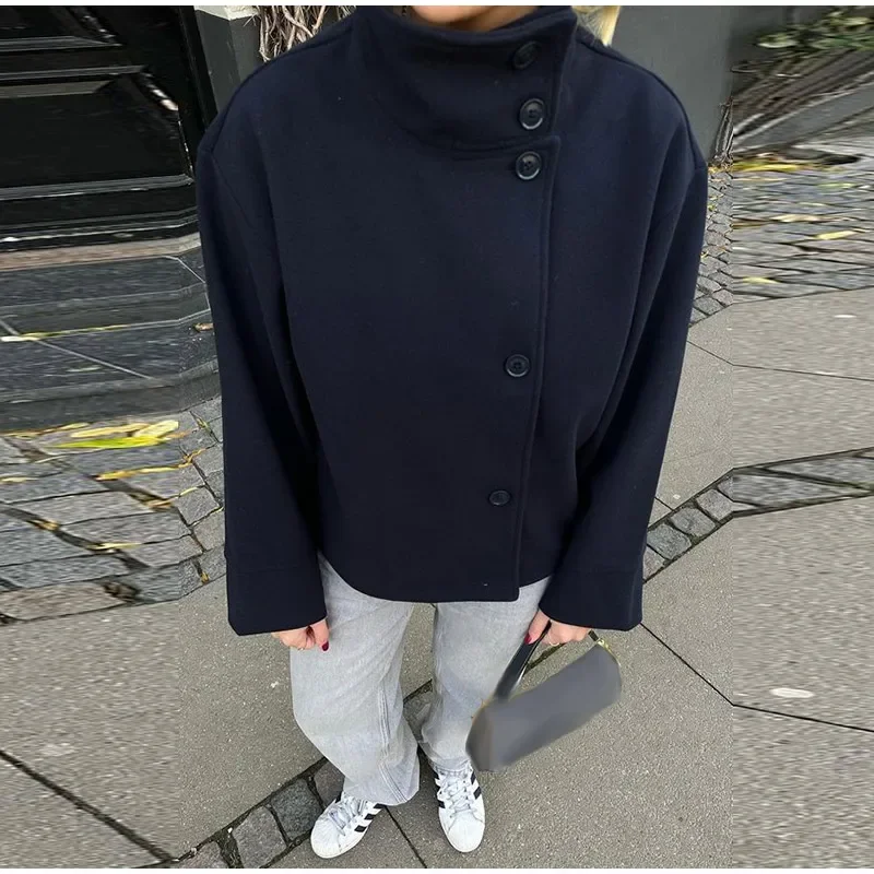 Women Fashion Stand Collar Woolen Jacket Single Breasted Long Sleeve Female Coat 2025 Autumn Chic Street Office Short Outerwears