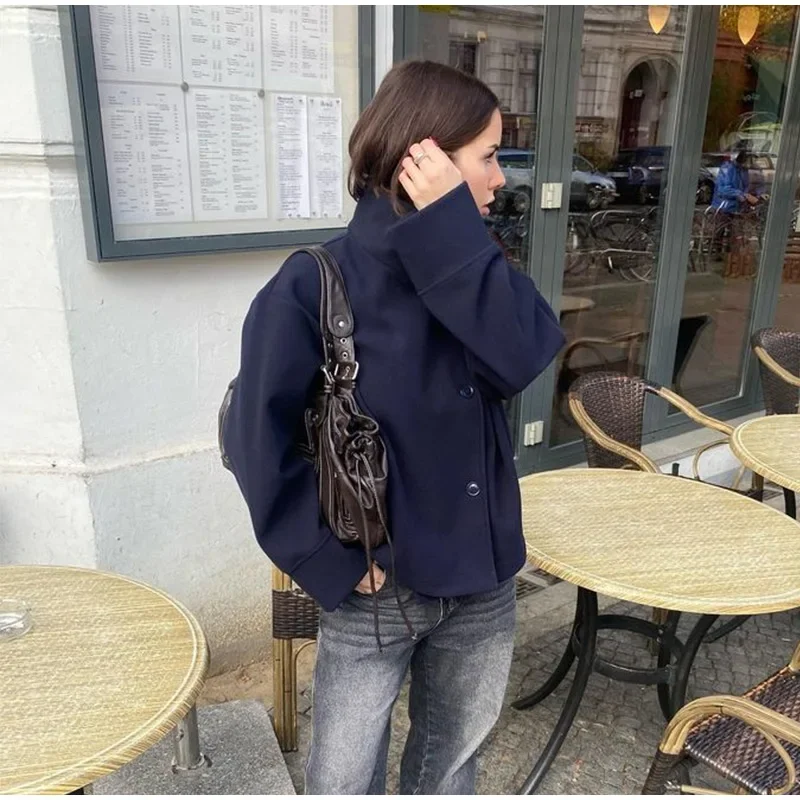 Women Fashion Stand Collar Woolen Jacket Single Breasted Long Sleeve Female Coat 2025 Autumn Chic Street Office Short Outerwears