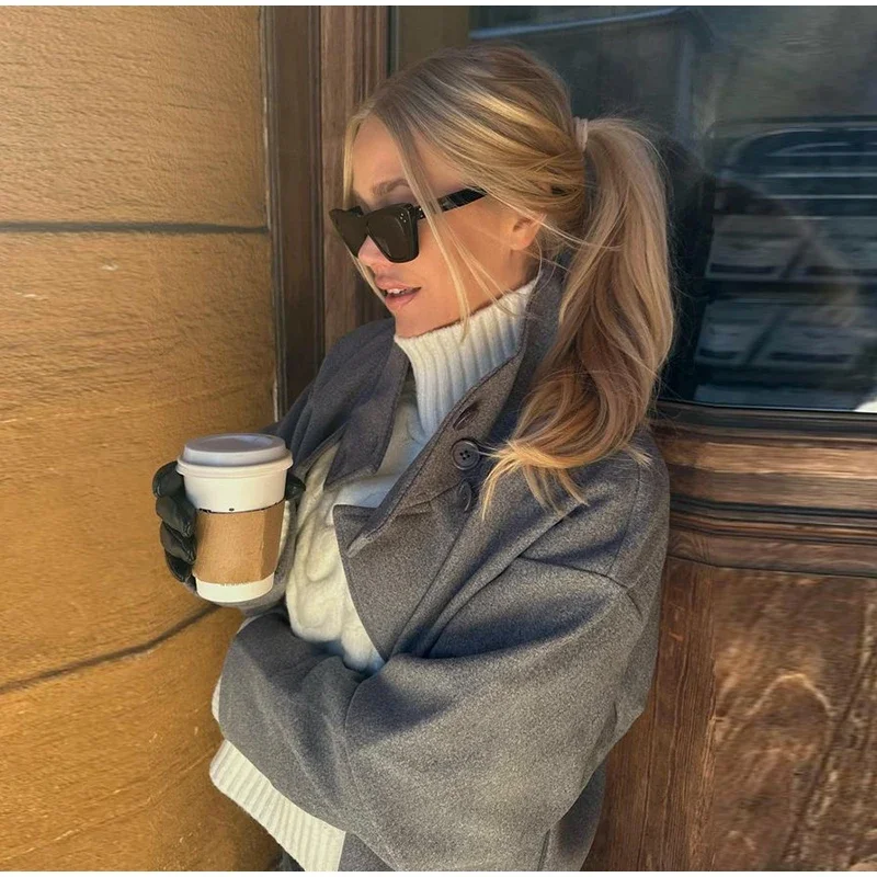 Women Fashion Stand Collar Woolen Jacket Single Breasted Long Sleeve Female Coat 2025 Autumn Chic Street Office Short Outerwears