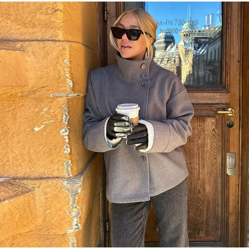 Women Fashion Stand Collar Woolen Jacket Single Breasted Long Sleeve Female Coat 2025 Autumn Chic Street Office Short Outerwears