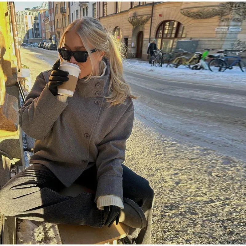 Women Fashion Stand Collar Woolen Jacket Single Breasted Long Sleeve Female Coat 2025 Autumn Chic Street Office Short Outerwears