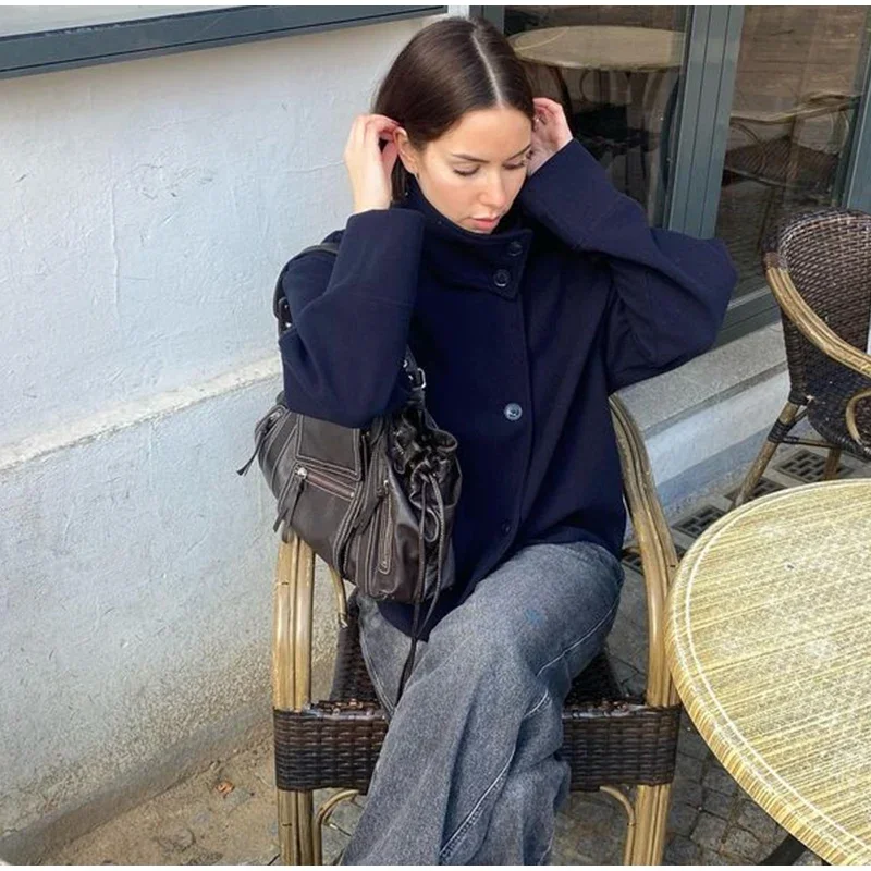 Women Fashion Stand Collar Woolen Jacket Single Breasted Long Sleeve Female Coat 2025 Autumn Chic Street Office Short Outerwears