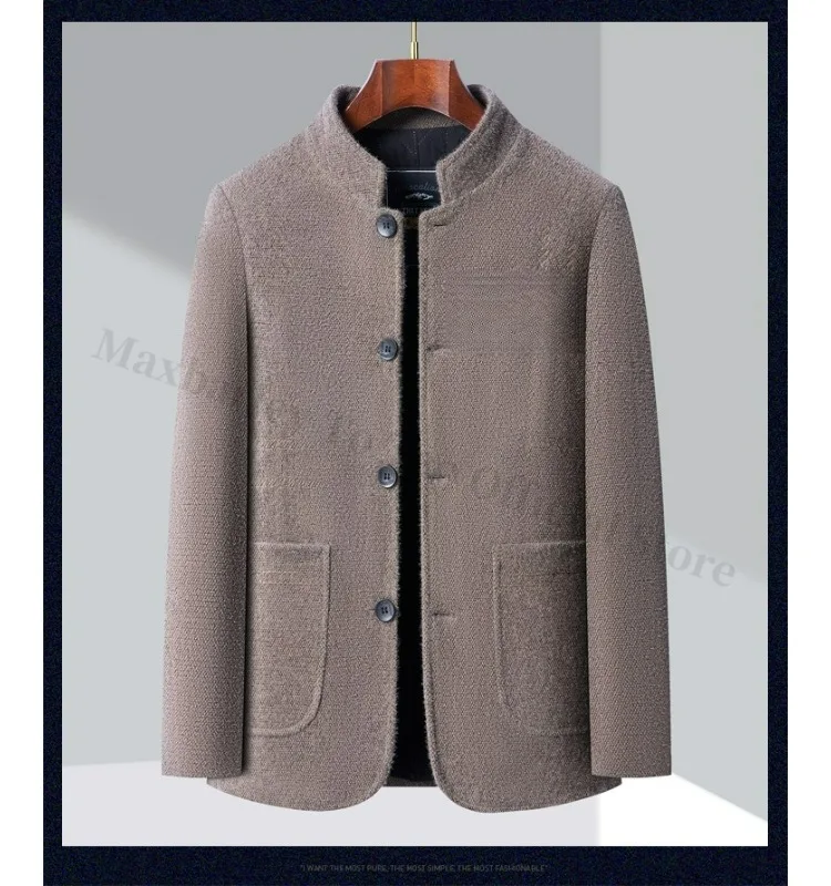 Winter Men Chenille Jacket 2025 Stand Collar Premium Business Casual Wool Blend Coat High End Fashion Warm Classic TrenchCoat
