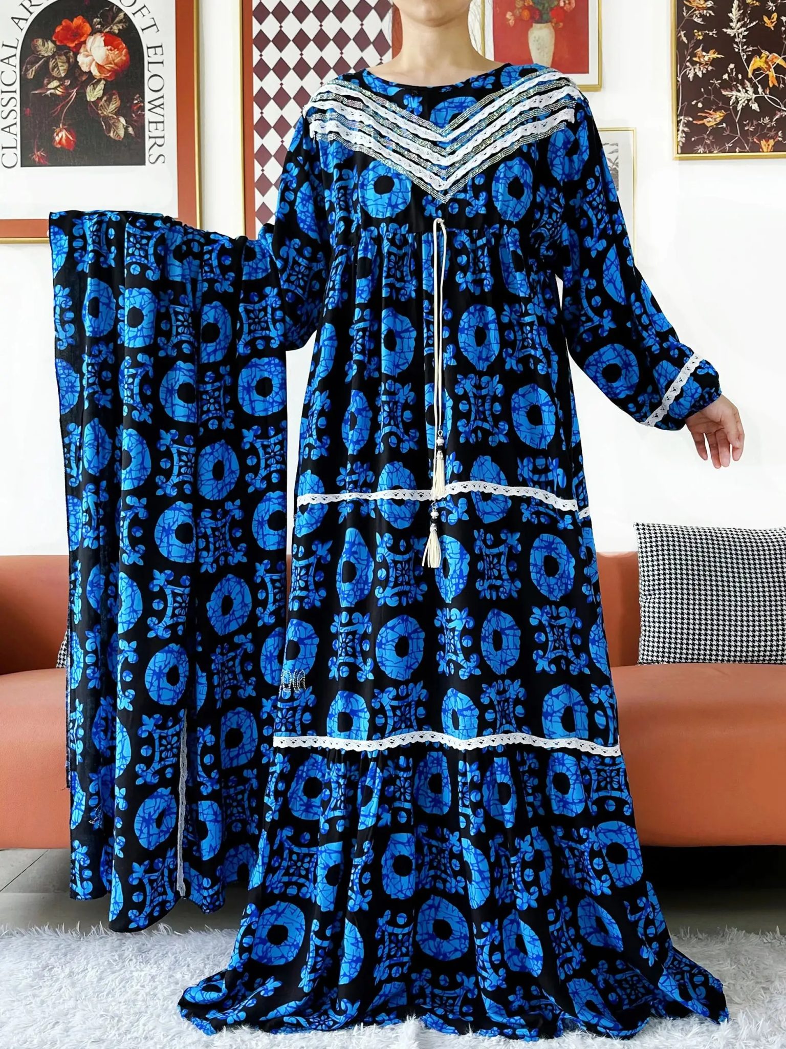 2025 High Grade Fabric KASHKHA Women Dresses Long Sleeve Dress Cotton Abaya Big Scarf Boubou Maxi Islam Women Dress African