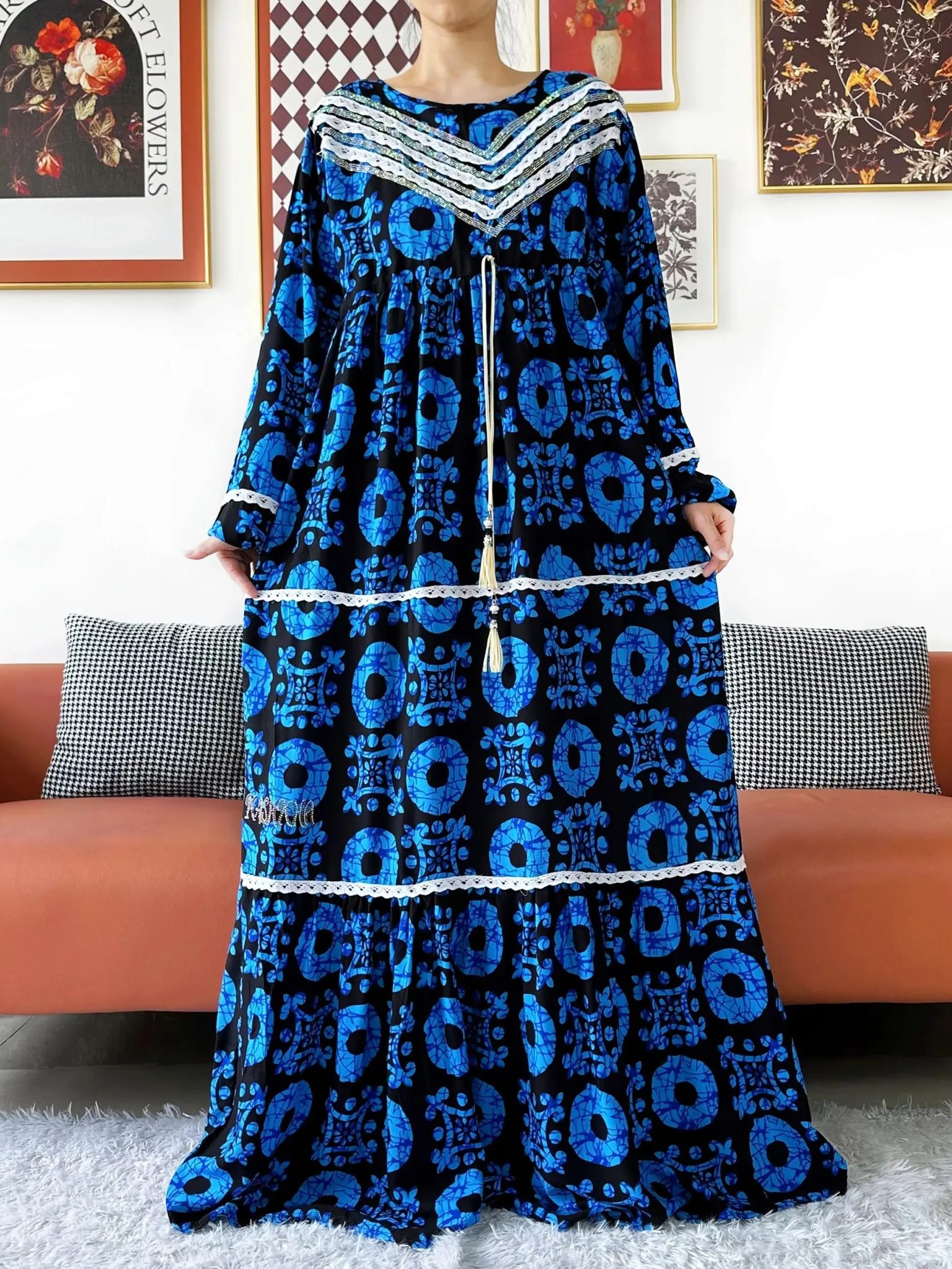 2025 High Grade Fabric KASHKHA Women Dresses Long Sleeve Dress Cotton Abaya Big Scarf Boubou Maxi Islam Women Dress African