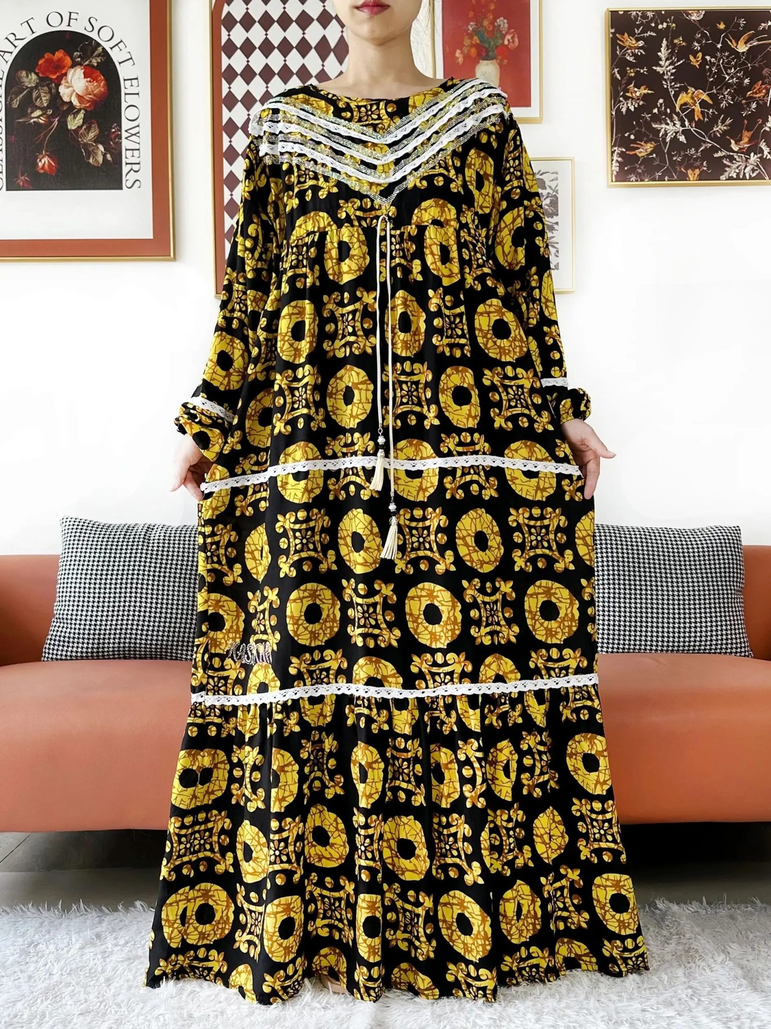 2025 High Grade Fabric KASHKHA Women Dresses Long Sleeve Dress Cotton Abaya Big Scarf Boubou Maxi Islam Women Dress African